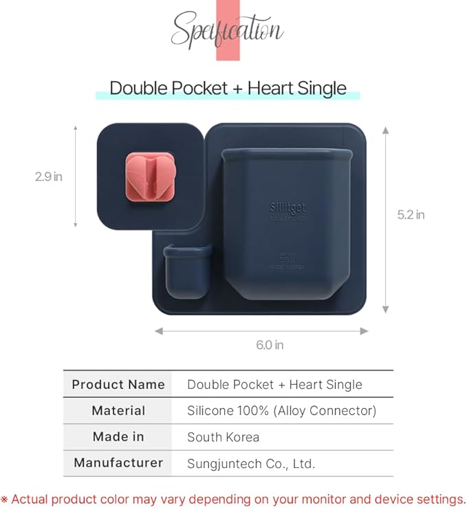 Silicone Wall Mounted Organizer - Made in Korea, BPA Free - Storage with Hook - Bathroom and Living Room, Remote Control & Shower Caddy (Heart Single(Navy), Poket Holder(Navy))