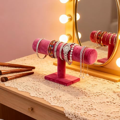 TENINYU Hovering T-Bar Bracelet Necklace Earring Bangle Pendants Anklet Tower Watch Key Jewelry Display Stand for Home Organization (Rose Red) - color: Rose Red