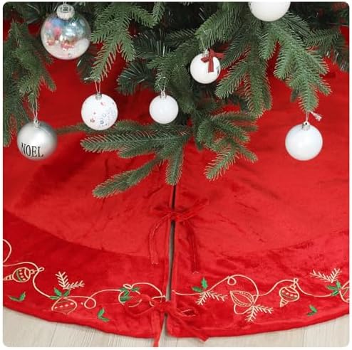 VioraWhite Christmas 60 Inch Red Velvet Tree Skirt Embroidered Xmas