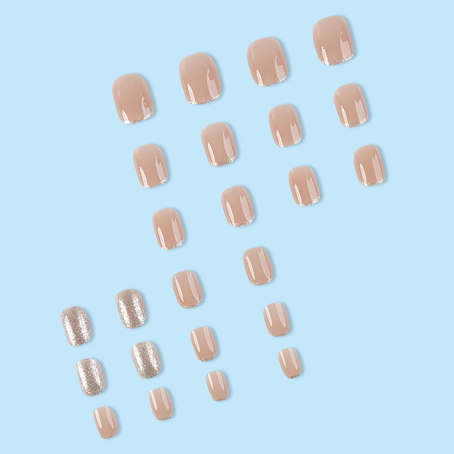 French Tip Press on Nails Glitter Petite Short Square Fake Nails Pink Nude Glossy Design Sparkly False Nails Glue on Nails with Full Cover Acrylic Stick for Women Girls Nail Decorations 24Pcs