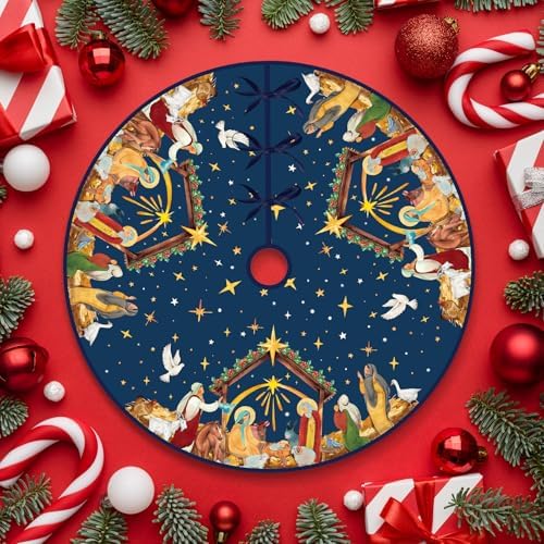Christian Christmas Tree Skirt Religious Jesus Nativity Scene Xmas Tree Mat Navy Blue Christmas Holiday Jesus Indoor Outdoor Party Decor (60 Inch)