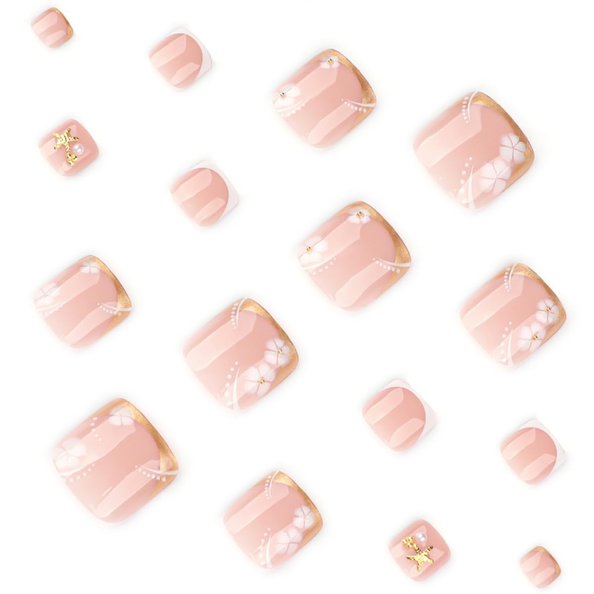 PEPFTG Flower Press on Toenails Short Square Fake Toenails with Floral Starfish Design Gold False Toenails Glossy Summer Acrylic Glue on Toenail for Women Nails Art Decoration 24Pcs