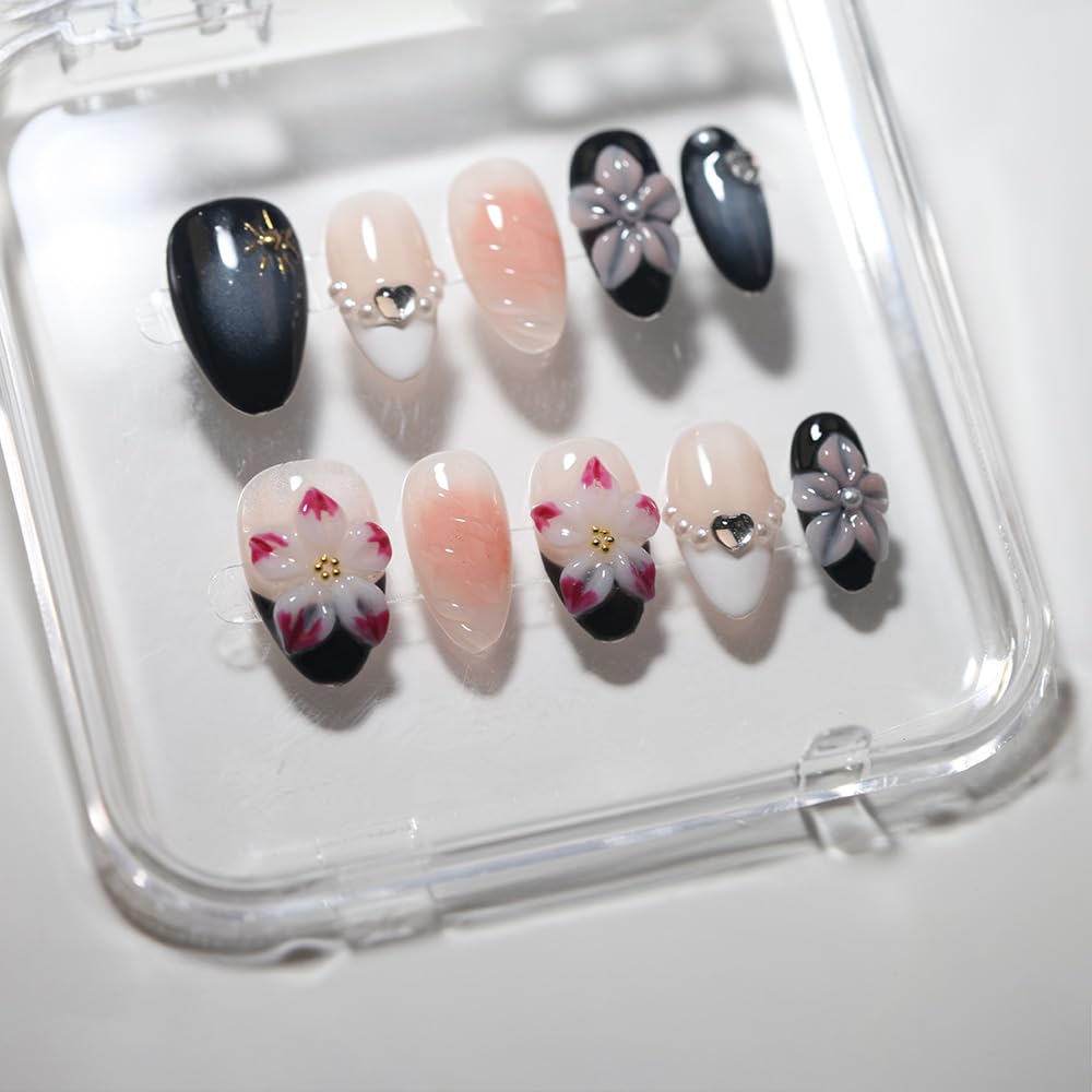 10 Short Almond Handmade Press On Nails | 3D Floral & Heart Accent Elegant Black & Nude Gradient False Nails,New styles | Skip Salon Trips, Easy to Apply & Remove, Reusable (251109, XS)