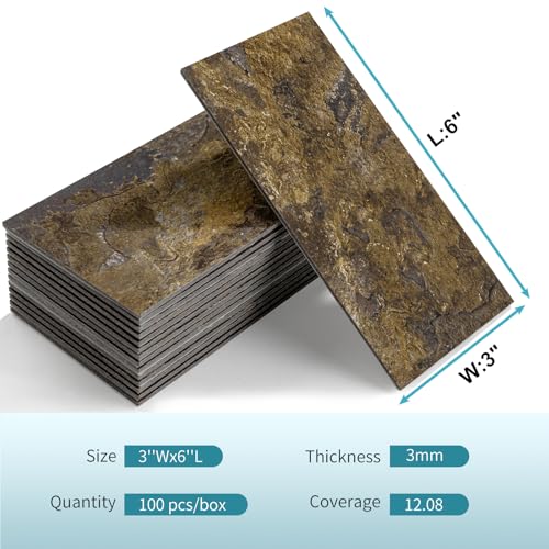 Vamos Tile 100 Pieces Peel and Stick Backsplash Tiles, 3" x 6" PVC Subway Tile, Rust Slate Stick on Backsplash Tiles for Kitchen/Bathroom/Fireplace/Laundry/Camper - color: Rust Slate