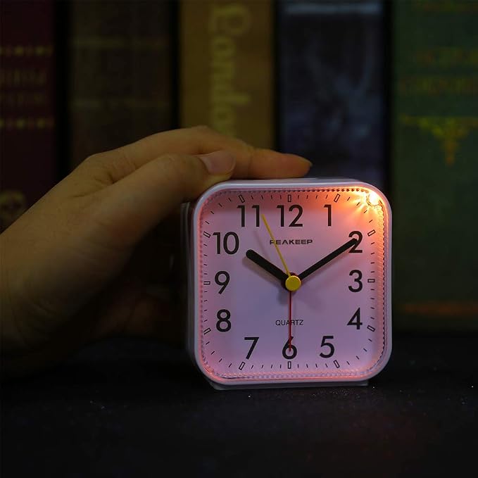 Peakeep Small Battery Operated Analog Travel Alarm Clock Silent | No Ticking, Lighted on Demand and Snooze, Beep Sounds, Gentle Wake, Ascending Alarm, Easy Set (White)