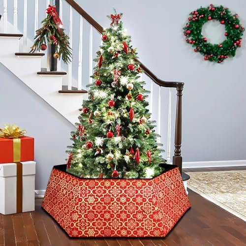 Christmas Tree Collar, Red Christmas Tree Collar, Gold Snowflake Christmas Trees Skirt, Square Christmas Trees Ring, Foldable Hexagon Xmas Tree Skirt, Snowflake Decor for Holiday Party Home, 31 inch