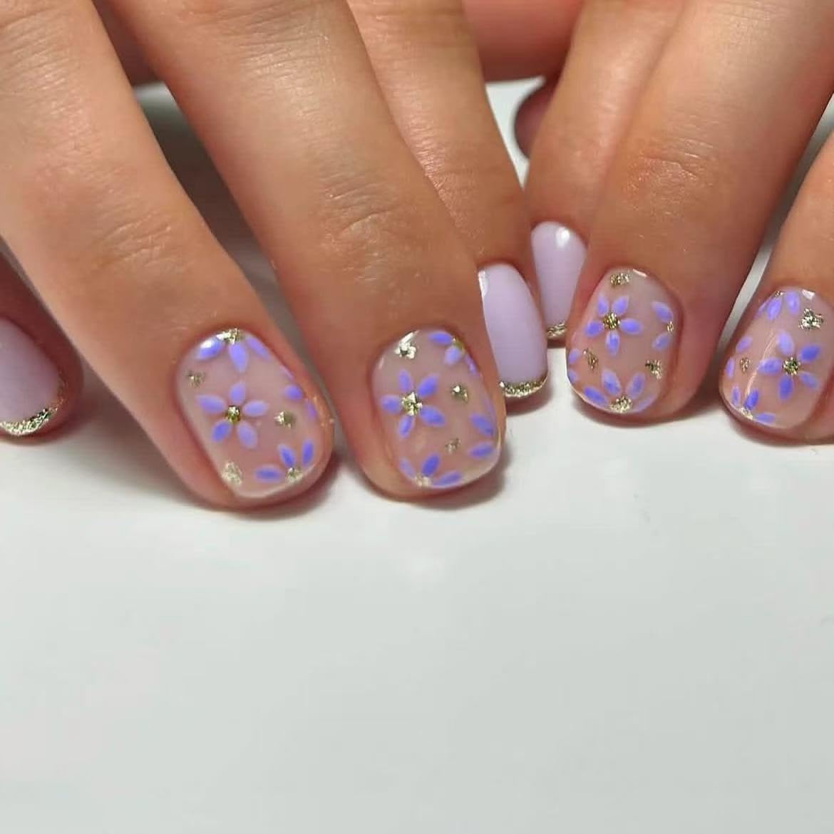 Generic Short Press on Nails Mummer Square Acrylic Nails Purple Flower Designs Cute French Tip Artificial False Nails Press ons Reusable Stick on Nails Summer Glue on Nails 24Pcs