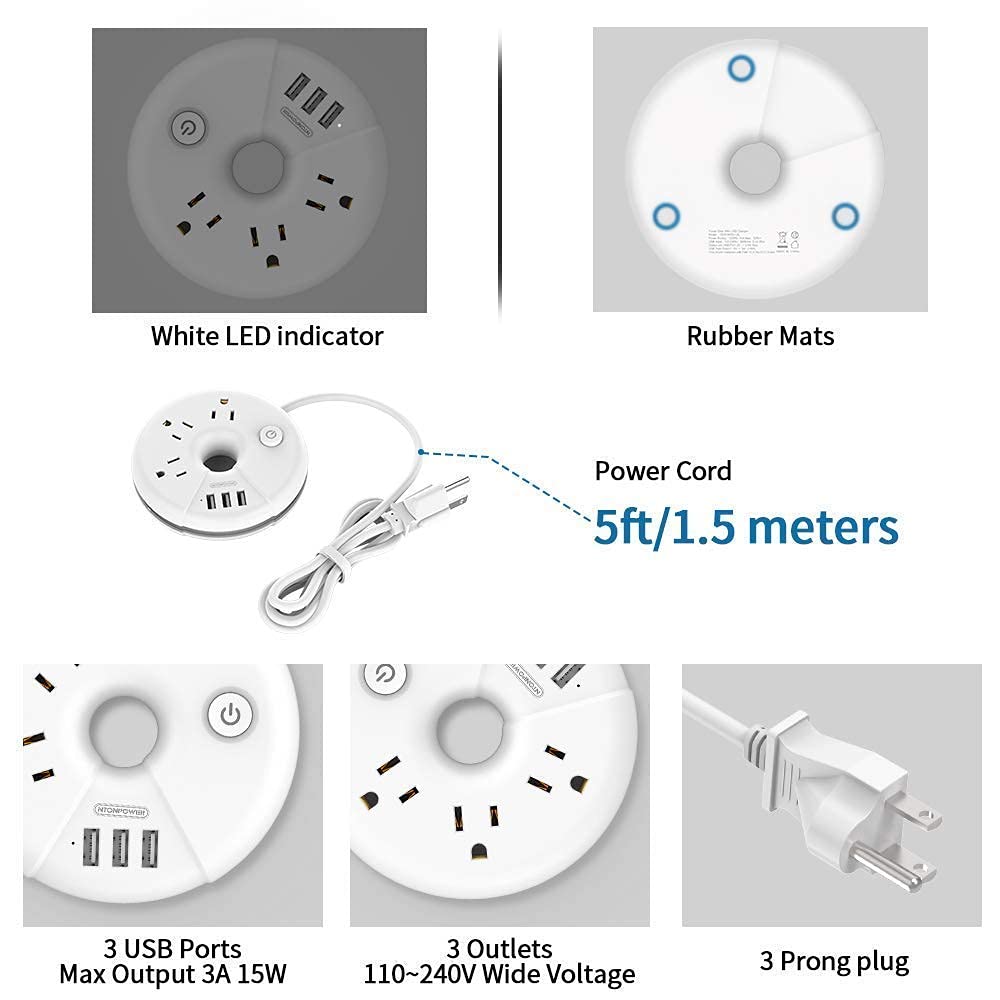 NTONPOWER Travel Power Strip Bundle, 3 Outlets 3 USB Portable Desktop Charging Station with 15 inch Short Cord and 5ft Extension Cord for Office, Home, Hotels, Cruise Ship, Nightstand - White