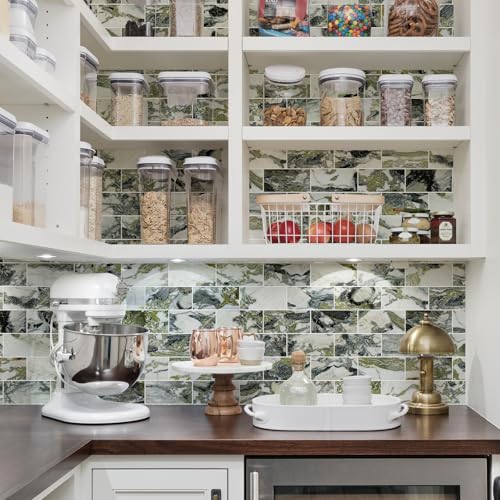 Vamos Tile 100-Piece Glossy Ice Green Peel and Stick Backsplash Tile,3''x6'' PVC Subway Tile with White Grout,Stick on Backsplash for Kitchen/Bathroom/Fireplace - color: Ice Green