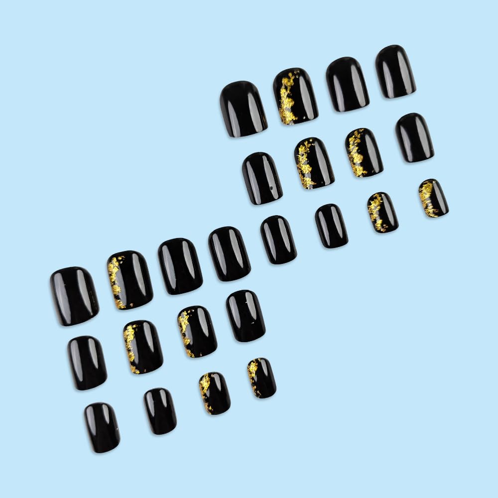 Black Press on Nails Short Square Fake Nails Gold Foil Glue on Nails Glossy Acrylic False Nails Reusable Manicure Art Nail Kit Black Full Cover Stick On Nail for Women 24Pcs