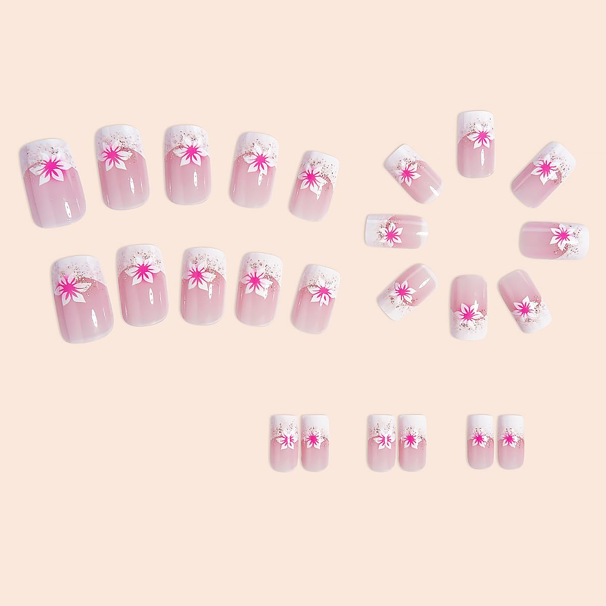 24pcs French Tip Press On Nails - Short Square Pink Flower Fake Nails with Full Coverage, Tip Glue on Designs for Women & Girls