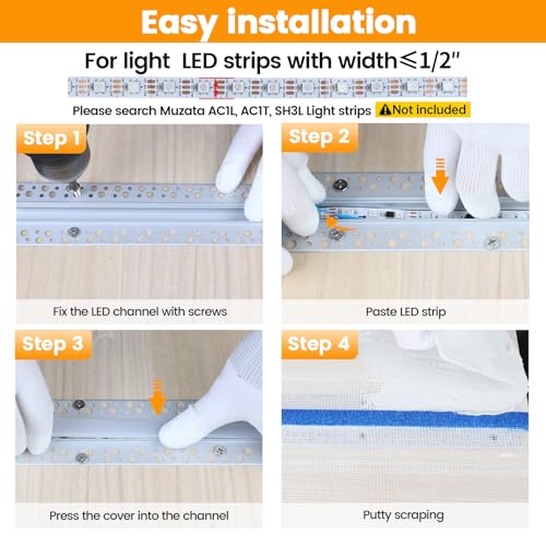 Muzata 5Pack 6.6FT/2M Plaster-in LED Channel Trimless Recessed LED Strip Diffuser Channel Spotless Deeper Wider for Drywall Ceiling Wall U117 WW 2M - size: 5Pack*2M/6.6FT