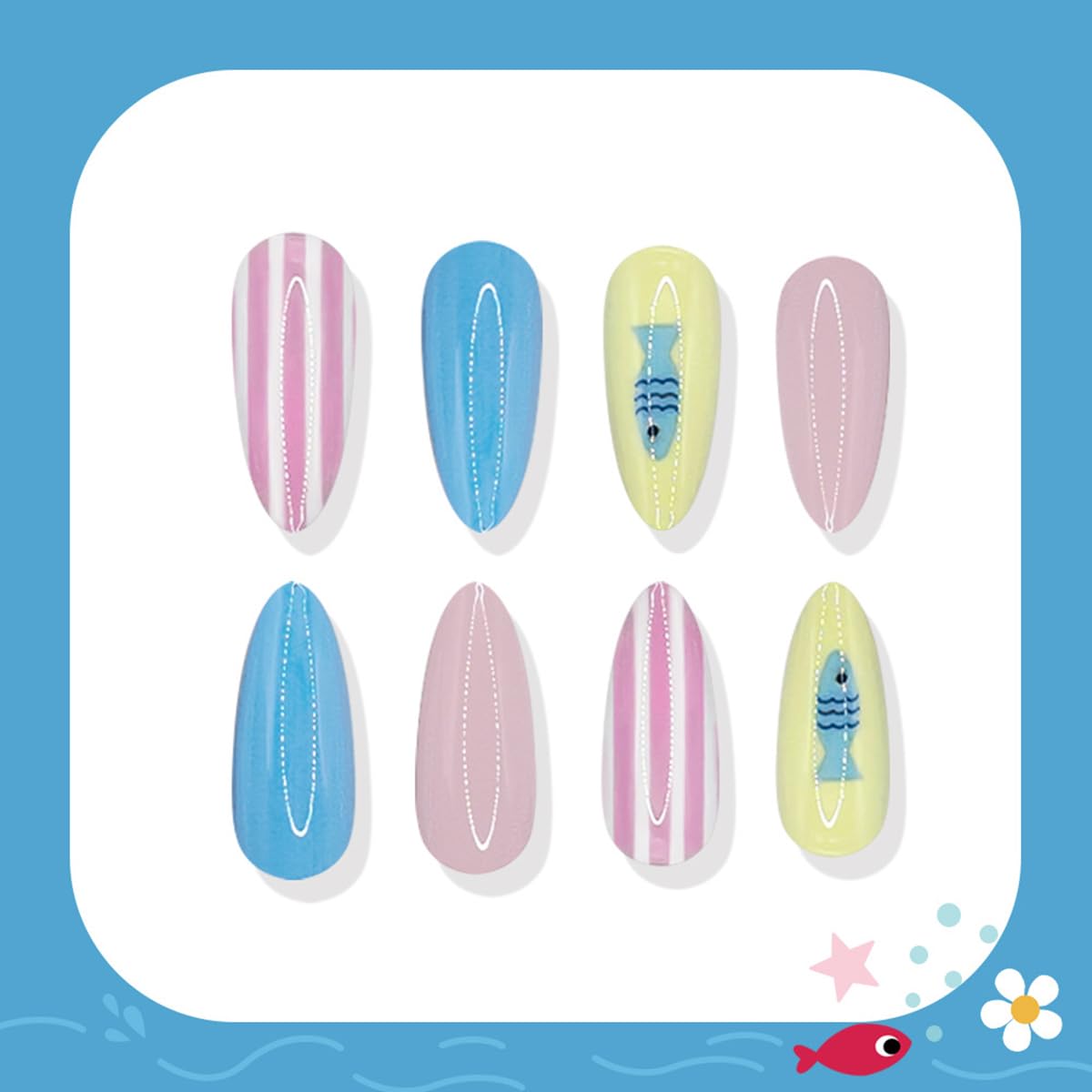 24 Pcs Summer Press on Nails Medium Almond WLGDLH Fake Nails, Blue Pink Yellow False Nails Press ons with Cute Ocean Fish Stripes Design, Glue on Nails for Women Manicure, Glossy Finish