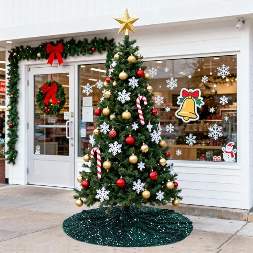 46 Inches Emerald Green Sequin Velvet Christmas Tree Skirt Sparkle Tree Mat Christmas Decorations Xmas Ornaments Round Sequined Tree Skirts Glitter Tree Skirts Cover for Merry Christmas Party Decor