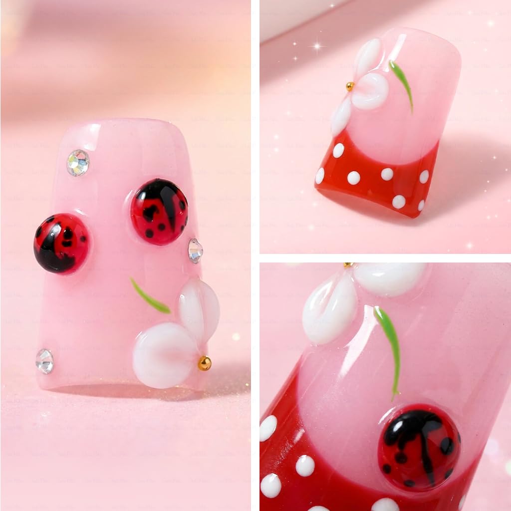 IntoVibes Handmade Short Duck Press On Nails, 3D petals And Ladybugs, 10 Pieces Reusable Acrylic False Nails, Size Medium