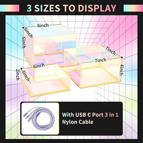 3Pcs Iridescent Acrylic Display Risers with LED light Plug and Play, Lighted Stackable Acrylic Cube Boxes Stand with Hollow Bottom for Figures Jewelry Perfume Purse Liquor Food Buffet Riser - color: Iridescent-LED light-3pcs