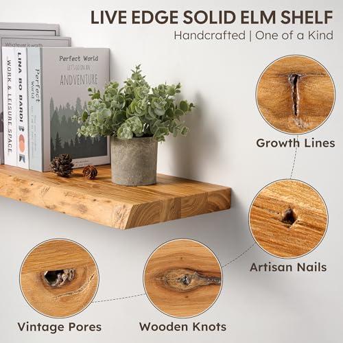 Live Edge Floating Shelf, 40 Inch Rustic Solid Elm Wood - Natural Wood Tone with Invisible Brackets, Wall Mounted for Living Room, Kitchen, Bathroom - color: Clear Natural, size: 40"L, 1-Pack