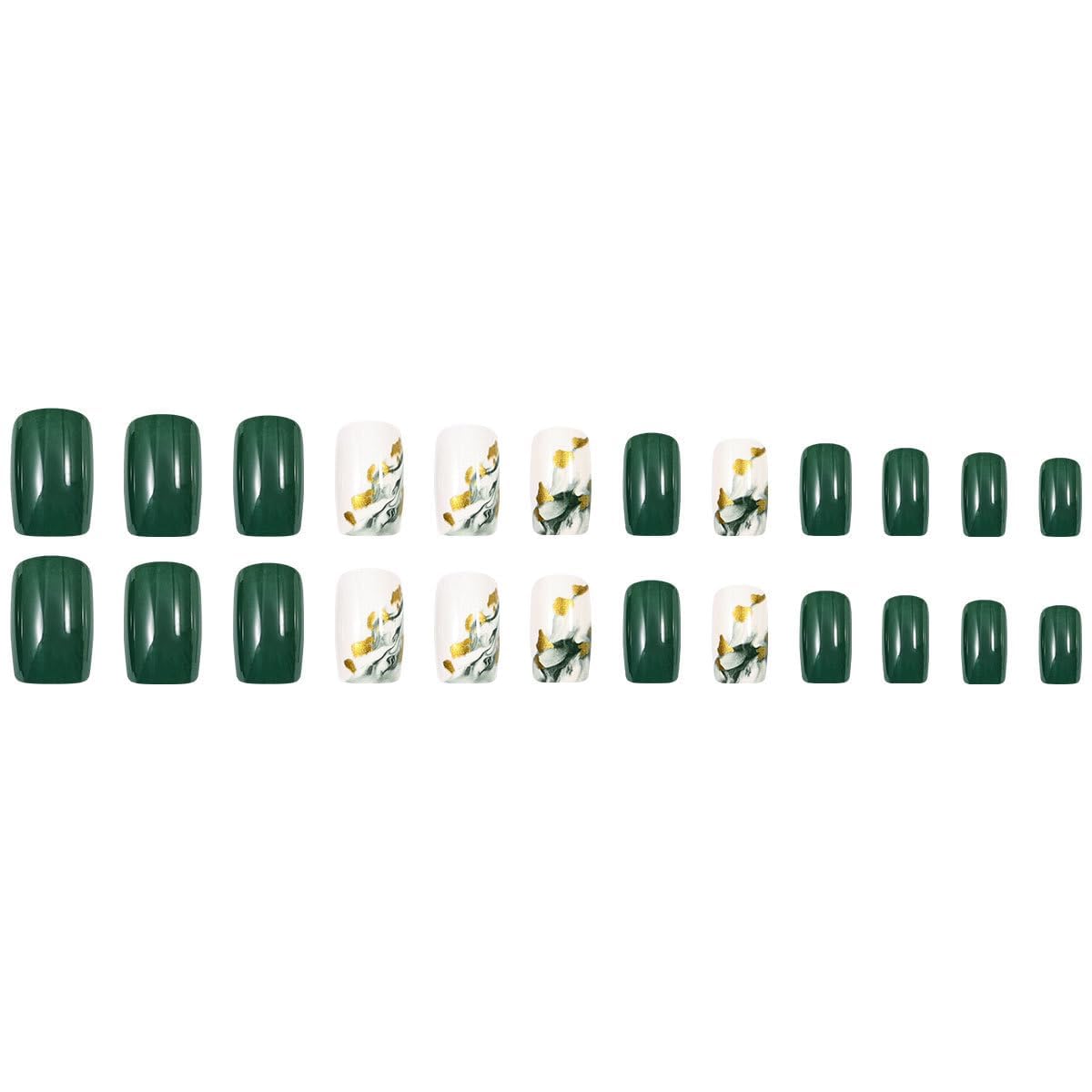 plalely Square Press on Nails Short Green Fake Nail Marble Acrylic Nail Press ons Stick on Nail for Women 24pcs