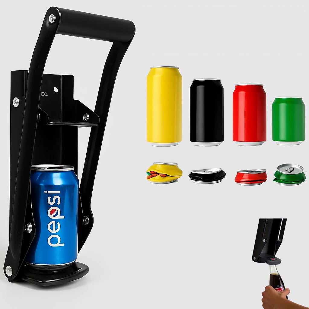 Premium Can Crusher for Recycling and Bottle Opener - 16 Oz and 12 Oz Can Crusher for Aluminum Cans, Heavy-Duty Wall-Mounted Soda Can Smasher, Mounting Screws Including (Black)
