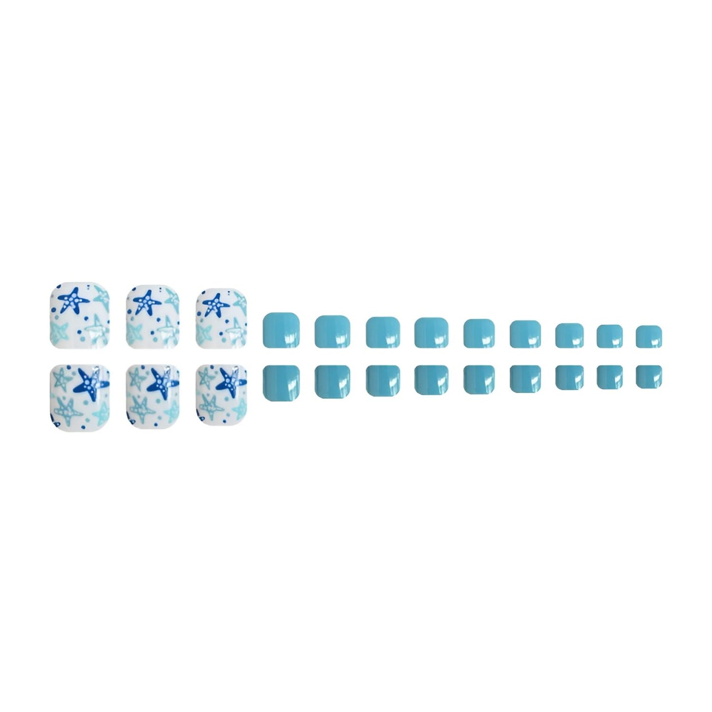Summer Press on Toenails Short Square Fake Toe Nails Starfish False Toenails Blue Toenail Press Ons Glossy Stick on Toenail Acrylic Full Cover Glue on Toe Nail for Women Decorations Set 24Pcs