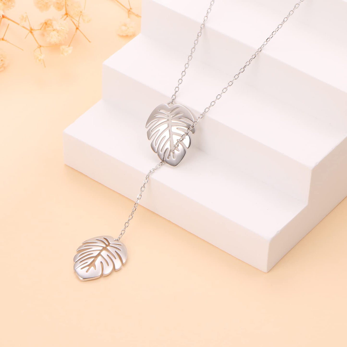 DAOCHONG Monstera Palm Leaf Y Shaped Lariat Necklace Sterling Silver Palm Leaf Lariat Long Chain Drop Adjustable Necklace Layered Necklace 30"
