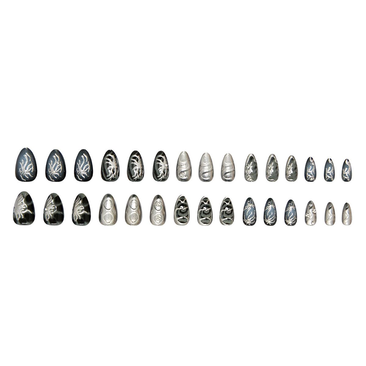 30Pcs Goth Press on Nails Medium Almond Fake Nails 3D Silver Alloy Chrome Glitter Design Y2k Glue on Nails Full Cover Glue on Nails Reusable Handmade Nails Black False Nails for Women Acrylic Nails