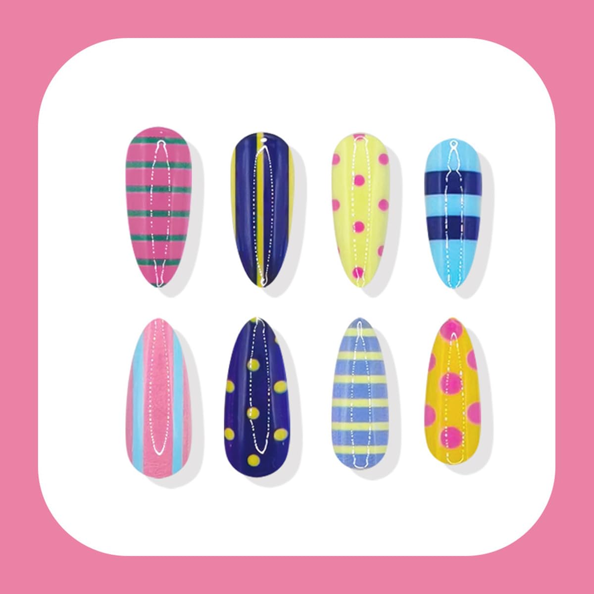 24 Pcs Summer Press on Nails Medium Almond WLGDLH Fake Nails, Multicolor False Nails Press ons with Striped Polka Dots Design, Cute Glue on Nails Full Cover Stick on Nails for Women Manicure