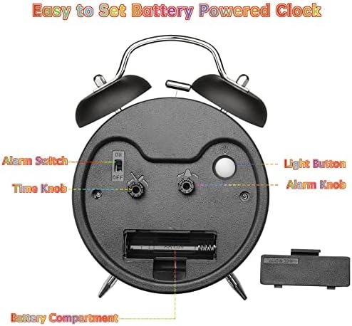 Peakeep Learning Clock for Kids Time Teaching, Loud Alarm to Wake Up | 4.5" Twin Bell Alarm Clock Battery Operated for Teenagers Kids, Kids' Room (Black)