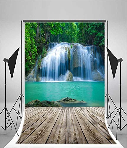 AOFOTO 4x5ft Waterfall Photography Backdrop Nature Landscape Falls Cascades Jungle Mountain Forest River Stream Lake Wooden Board Floor Background Adult Girl Boy Travel Portrait Photo Studio Props - size: 4x5ft