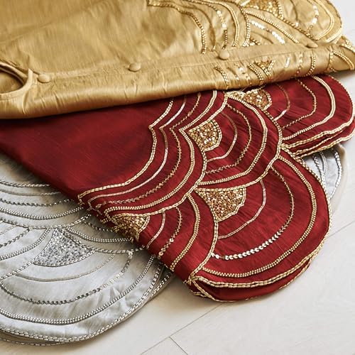 Balsam Hill Elizabeth Beaded Christmas Tree Skirt - Cranberry, Silver & Gold Luxury Tree Skirts with Hand-Applied Beads for Tree Decor, Silver, 60"