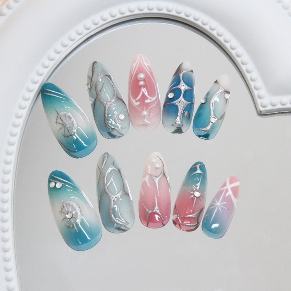 24 Pcs Ombre Blue Press on Nails Short Almond,MINGCHUN Fall Fake Nails Press ons Acrylic Nail Art Tips Kit Full Cover False Nails Glue on Nails with Starburst 3D Texture Design for Women Nail Supplies