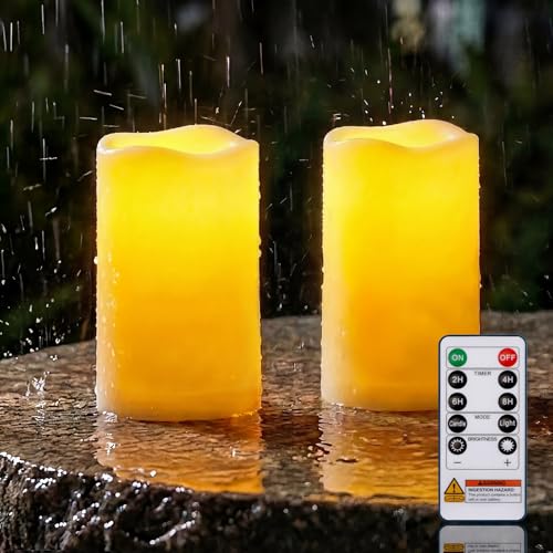 Homemory 3"x6" Flameless Candles, Outdoor Waterproof, Battery Operated LED Pillar Candles with Remote Control and Timer, Plastic, Long Lasting - size: 3"x6"6"