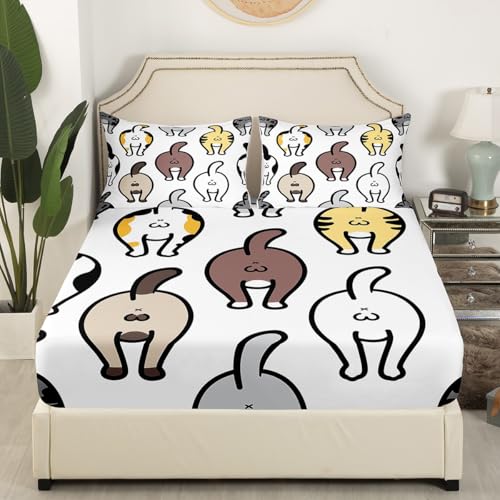 Manfei Lovely Cat Fitted Sheet Cute Kitten Butt of Cat Doodle Bedding Set 3pcs for Kids Boys Animal Theme Sheet Set Soft Polyester Bed Sheets (1 Fitted Sheet + 2 Pillow Cases) Full Size - color: Multi 993, size: Full (54*75*16")