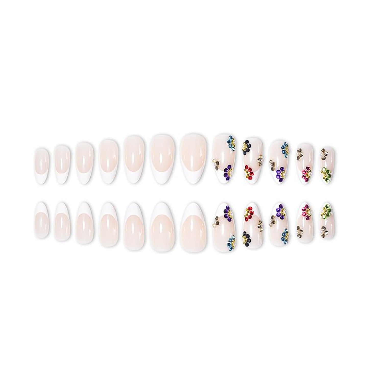 RUOKEXIN Long Press on Nails Almond Fake Nails White French Tip False Nails with 3D Flower Designs Stiletto Nail Press ons Sparkly Artificial Nails for Women 24Pcs