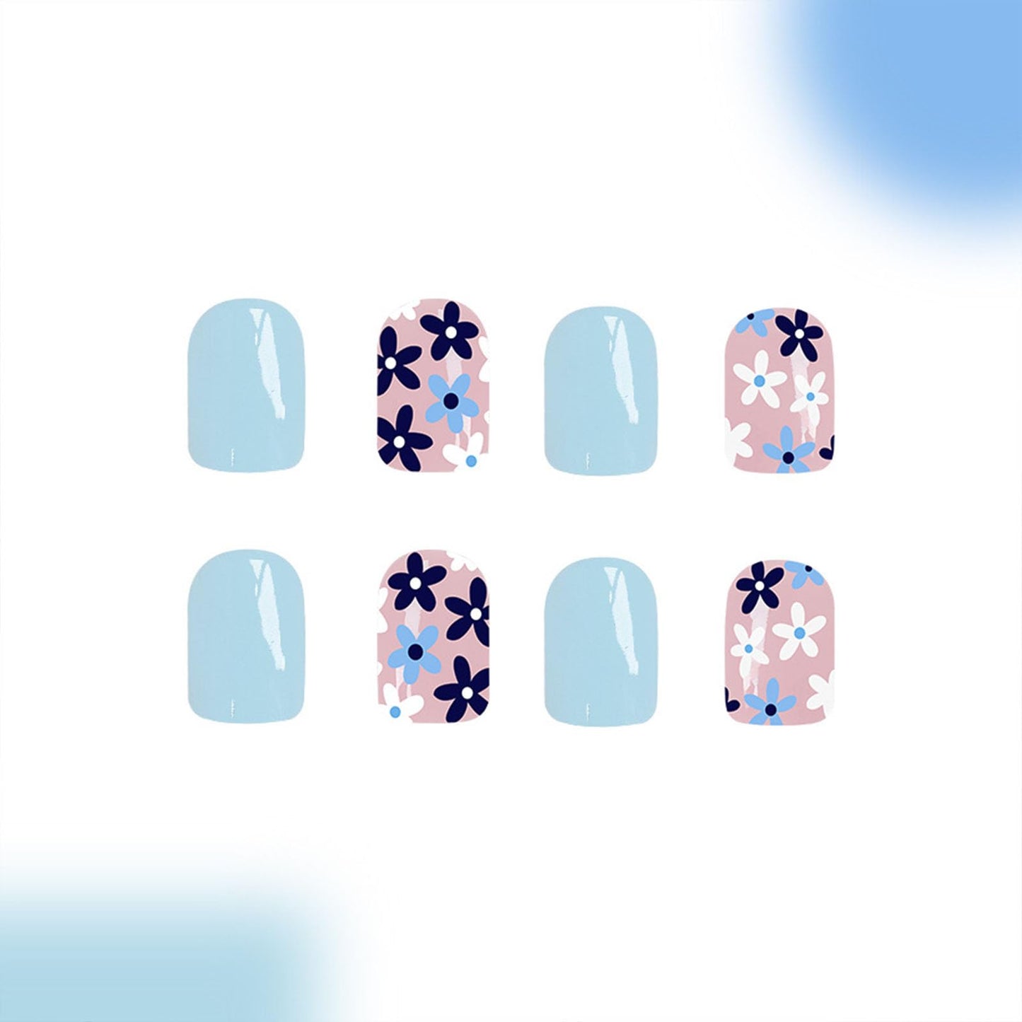 Short Fake Nails Square Press Ons Full Cover False Nails with Light Blue Flower Designs Acrylic Press Ons Artificial Glossy Stick Ons Reusable Glue Ons for Women 24 Pcs