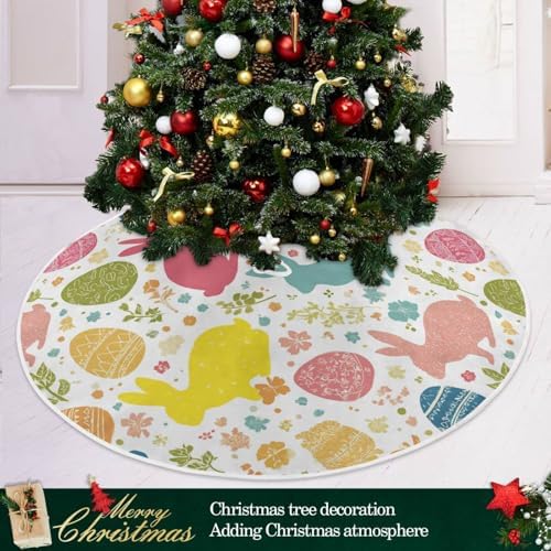 Easter Eggs Bunny Tree Skirt 36 in Rabbits Peeps Egg Christmas Tree Skirt Floral Flowers Xmas Tree Skirts Stand Mat Easter Holiday Party Garden for Indoor Outdoor Home Office Ornaments