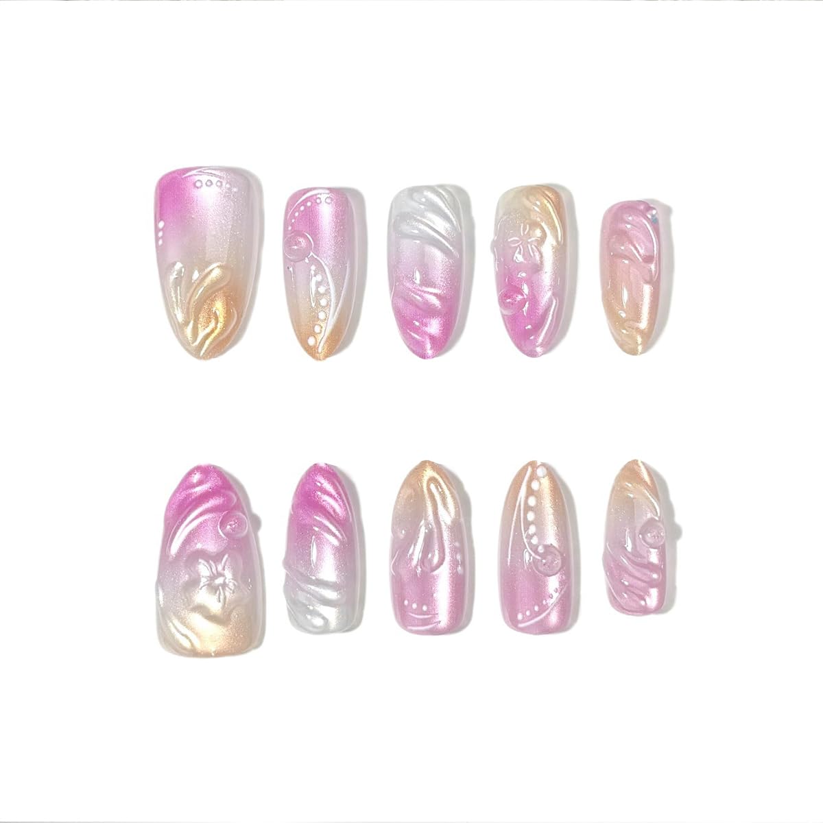 OSTTMA 30Pcs Pink White Gradient Aurora 3D Flower Nails, Almond Shaped, Glossy Acrylic Press On Nails, Full Cover, Reusable, 2 Sets of 15pcs Each