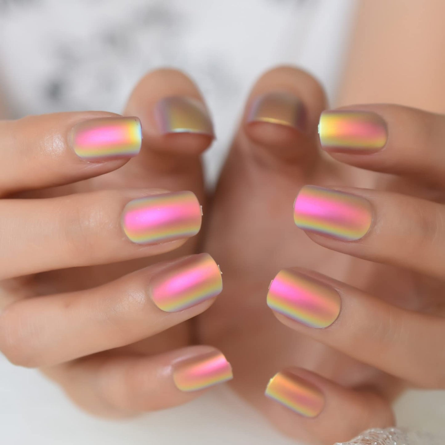 Coolnail Chrome Pink Gold Short Fake Nails Rainbow Squoval Square Gel False Press on Nails for Girl Full Cover Wear Finger Nail Art Tips