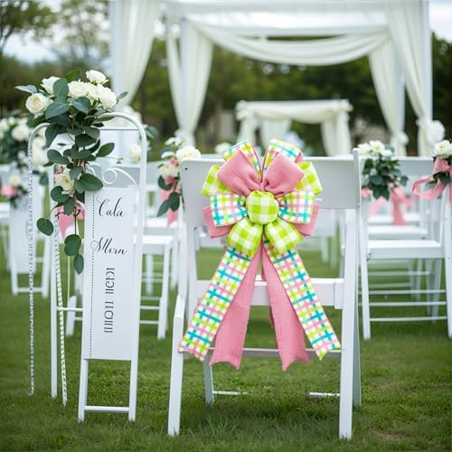 2 Pack Spring Plaid Wreath Bows, 20.8 Inch Pink Green Easter Bows
