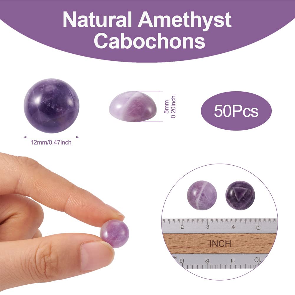 Fashewelry 50Pcs Natural Amethyst Cabochon Stone Half Round Beads 12mm Flat Back Gemstone Chakra Healing Crystal Cover Cabs for Jewelry Making