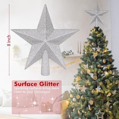 Tree Topper Star, 8" Silver Christmas Tree Topper with Glitter, Xmas Decor