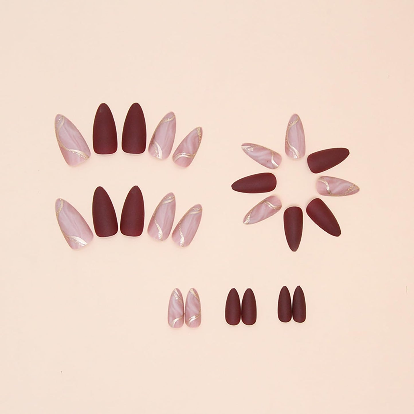 Press On Nails Medium Almond Artificial Acrylic Wine Red French Tip Gold Stripe Design Fall Winter Fake Nails Full Cover Glossy Reusable Coffin Nails Glue on Nails for Women 24Pcs