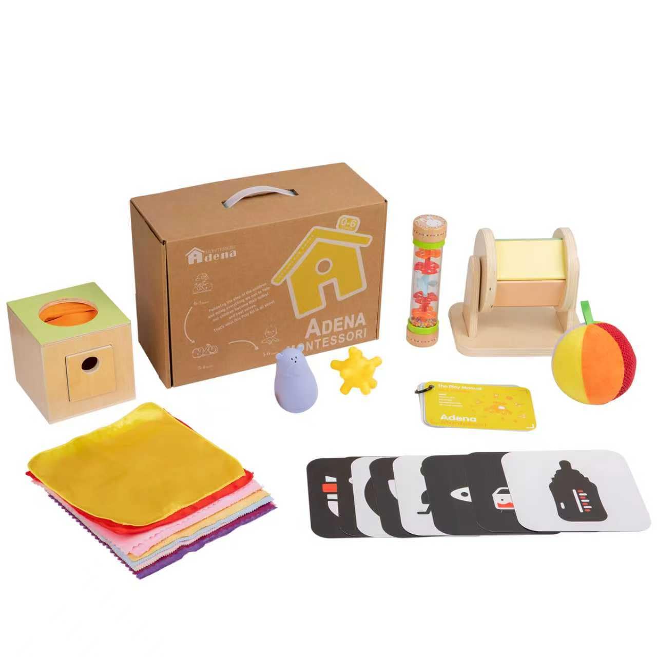 Adena Montessori Play Kit for 0-6 Month Baby,8 in 1 Learning Kit Includ Black&White Card,Rainmake Rattle,Sensory Ball,Tummy Time Wobbler,Tissue Box,Tissue,Rainbow Ball,Rainbow Drum