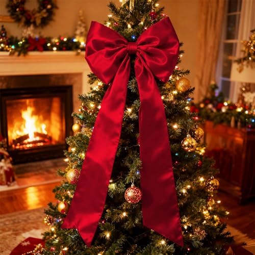 16 x 42 Inches Extra Large Christmas Satin Bows Christmas Tree Topper Decorations Xmas Tree Toppers Bows???Bows for Home Wreath Wall Backdrop Birthday Wedding Party Decorations(Red)