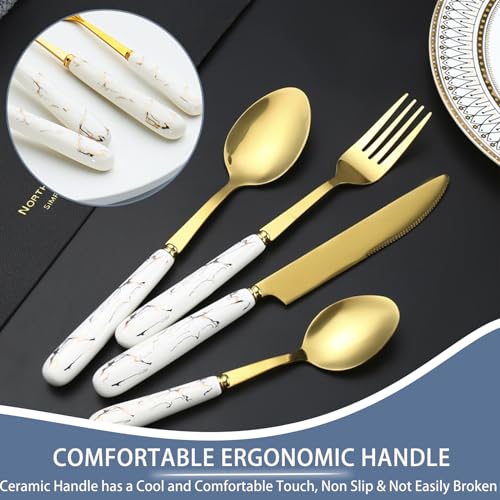 24 Pieces Flatware Set, Stainless Steel Cutlery Set with Silverware Holder, Modern Gold Silverware Set Includes Dinner Knives Forks Spoons,Hanging Silverware Set Service for 6 (White Gold) - color: White Gold