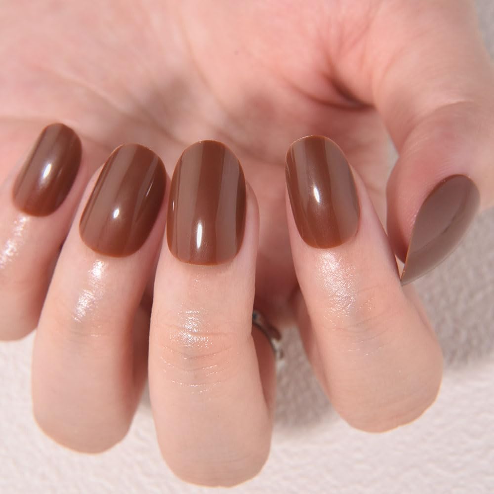 evpct Cool Brown Medium Oval Glossy Press on Nails for Women Gift, Glossy Nude Brown Fake Nail with Kits Manicure Kit, Soft Gel Full Cover Reusable Stick on Soft Acrylic False Nails Perfectly Fit