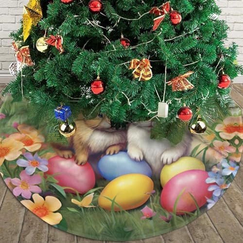 Christmas Tree Skirt, Easter Holiday Easter Rabbit Bunny Eggs Spring Flower Xmas Large Tree Mat, New Year Festive Holiday Party Decorations 30" inches