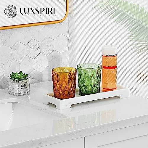 Luxspire Bathroom Vanity Tray, Resin Toilet Tank Tray, Kitchen Trays, 11" x 4" Rectangle Bathroom Tray for Counter, Marble Tray for Soap Dispenser Perfume Jewelry, Small, White Marble - color: B - White Marble, style: Small