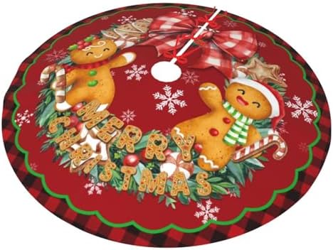 Buffalo Check Merry Christmas Gingerbread Man Wreath 36 Inch Christmas Tree Skirt Carpet Mat Funny Party Decor Supplies for Xmas Halloween Ornament Decorations Occasion