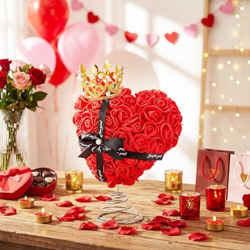 Capoda Valentine's Day Tree Topper Red Rose Heart Topper with Bows Decorations for Mini Christmas Tree 8 Inch Heart Treetop Ornaments for Valentines Galentines Day Holiday Wedding Party Supplies(Rose)
